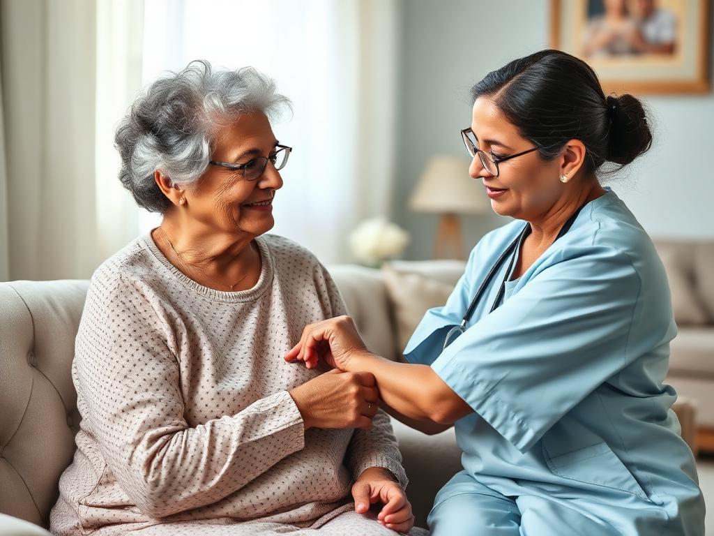 Nurse caring for an elderly woman at home